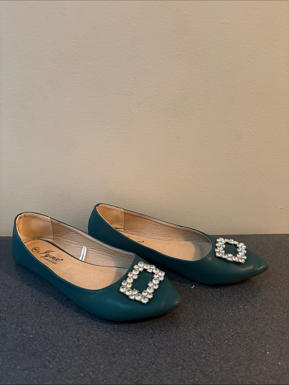 Emerald Green Crystal-Buckle Ballet Flats